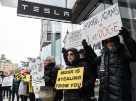 Protesters Rally Against Elon Musk At A Tesla Showroom In New York